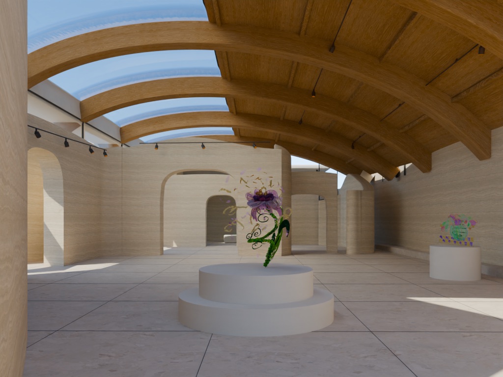 Daylight enters a pale stone gallery beneath curved timber beams.
